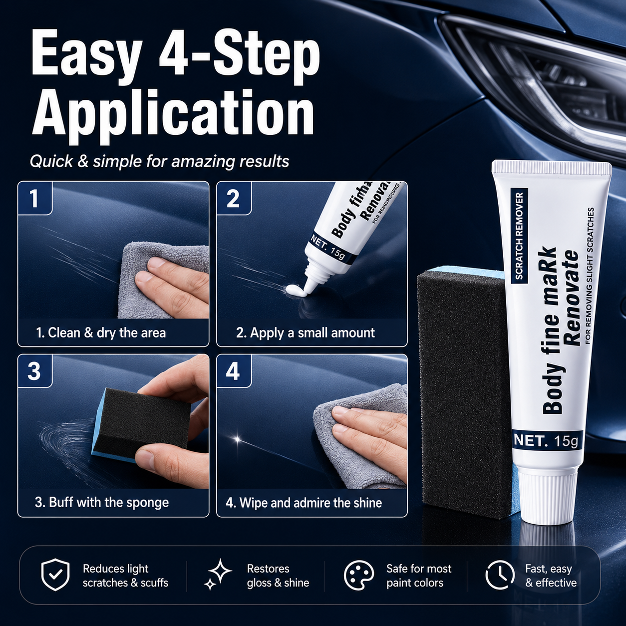 Four-step car scratch repair cream application guide