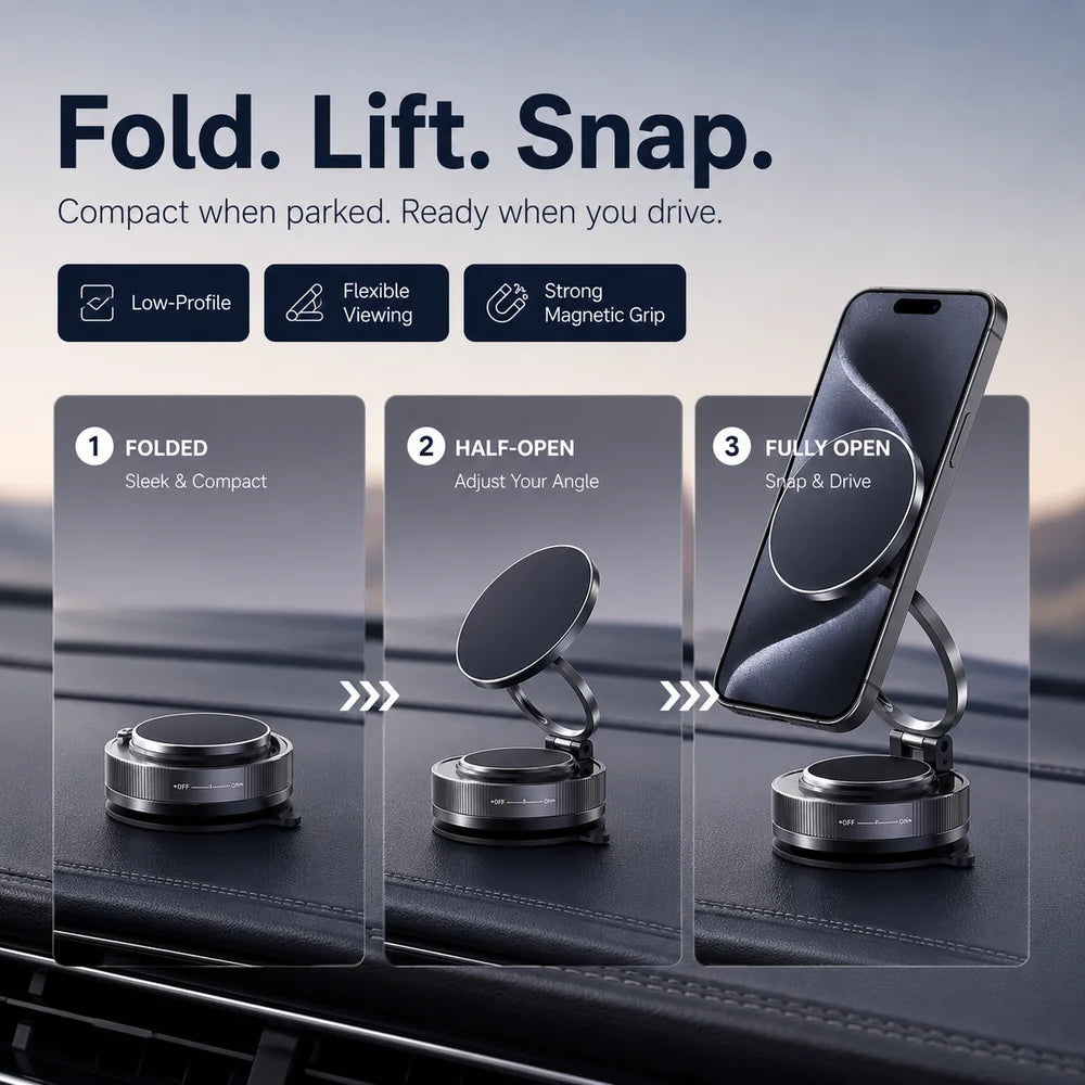 Folded half-open and fully open magnetic phone mount