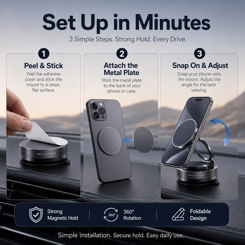 Three-step magnetic car phone mount installation